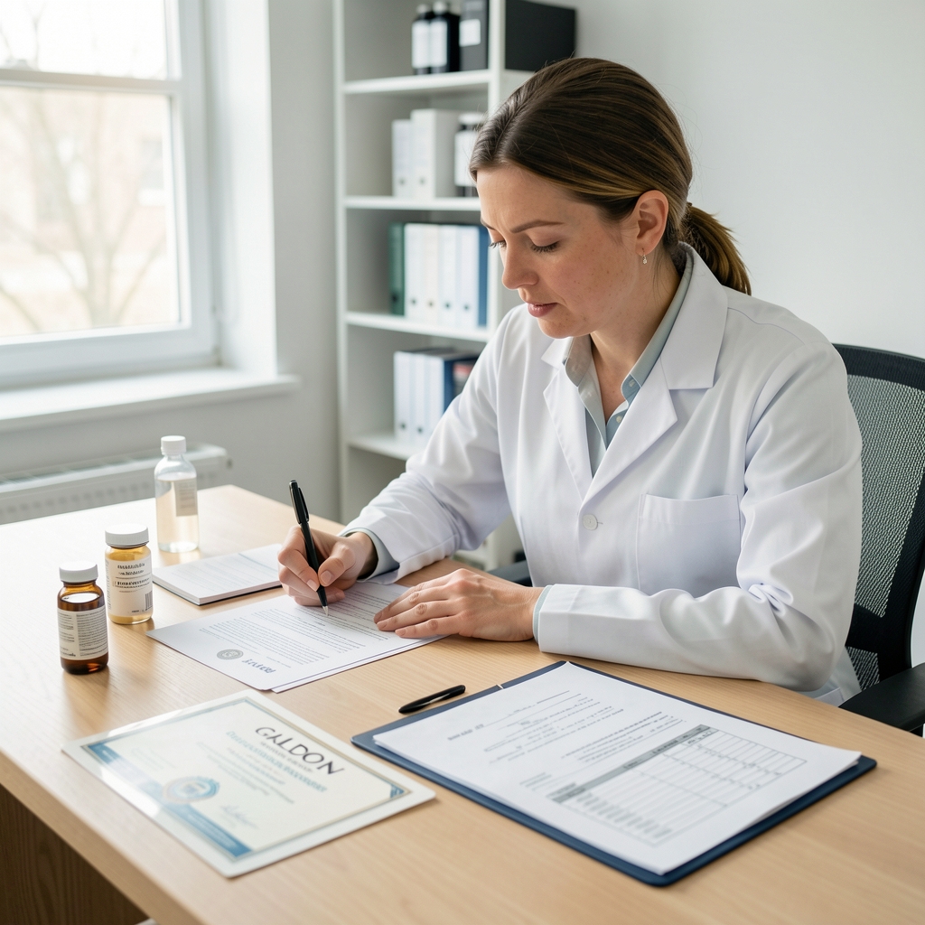 Galdon formulation specialist reviewing ingredient sourcing documents at a clean wooden desk with composition certificates and batch records