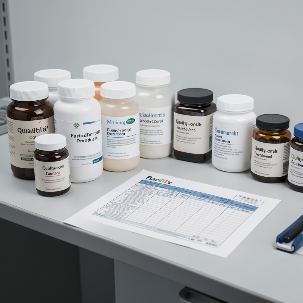 Galdon Jakarta facility quality-control bench with labelled supplement containers and a batch record printout under clean studio lighting