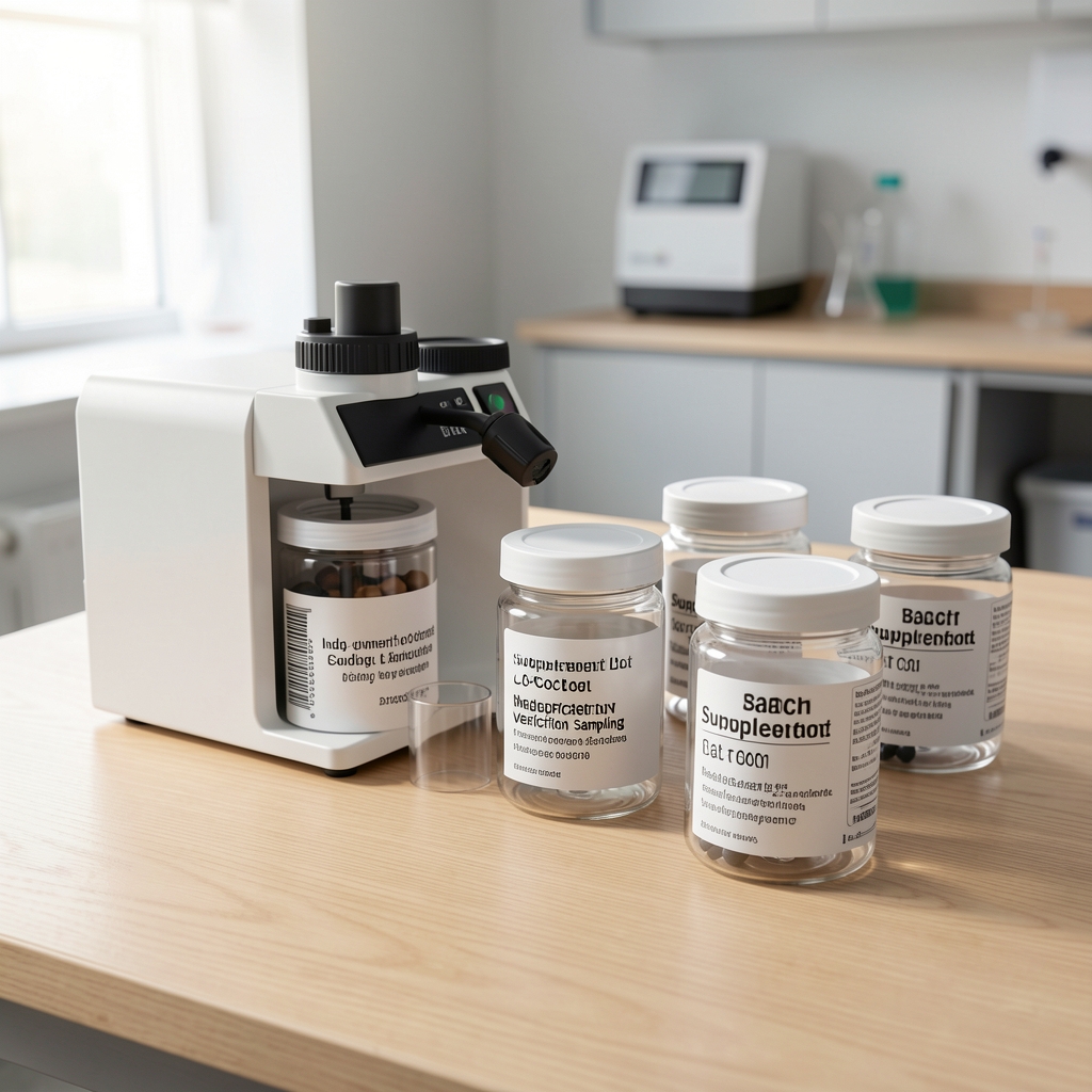 Supplement lot-coding and labelling station with batch-coded containers ready for independent verification sampling on a clean wooden surface